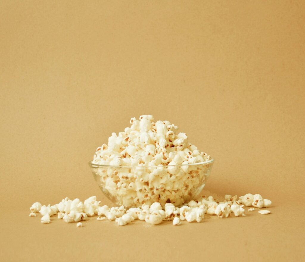 Bowl of popcorn on a table for a movie night at home